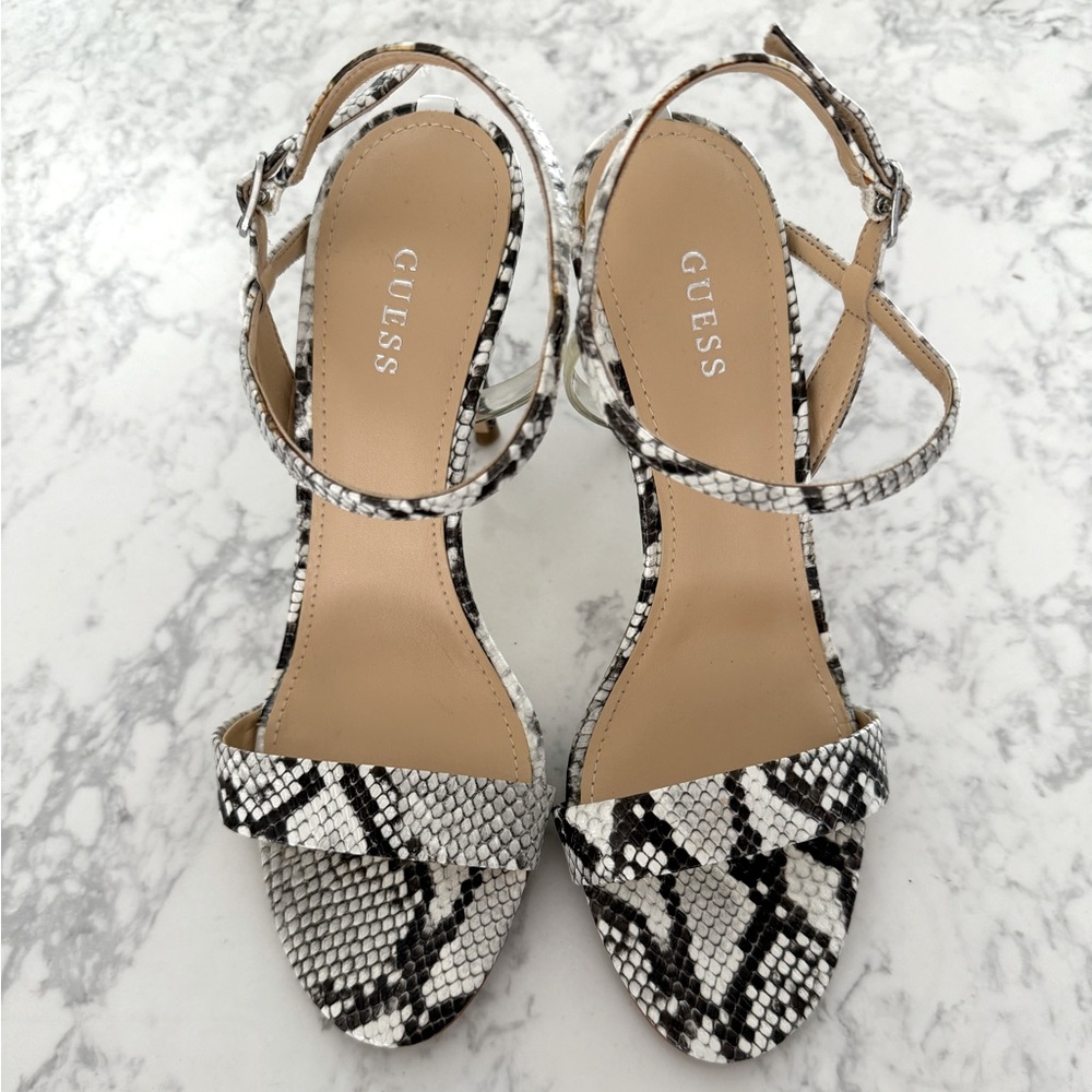 GUESS Snake Print Strappy Heels